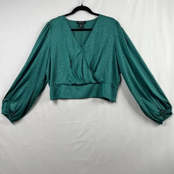 Rachel Zoe Blouse Womens XL Crop Top Green Long Sleeve Animal Print Holiday - Picture 1 of 14